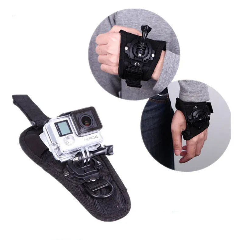 Black GoPro wrist strap with 360-degree rotating camera mount and cushioned back design