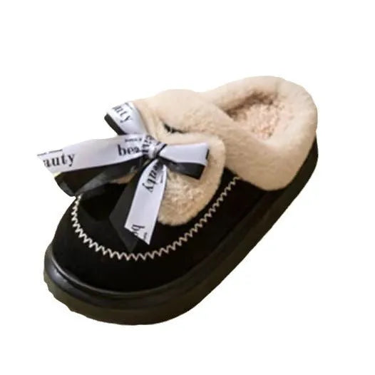 Women's beige suede half slippers with a ribbon bow and thick EVA sole.