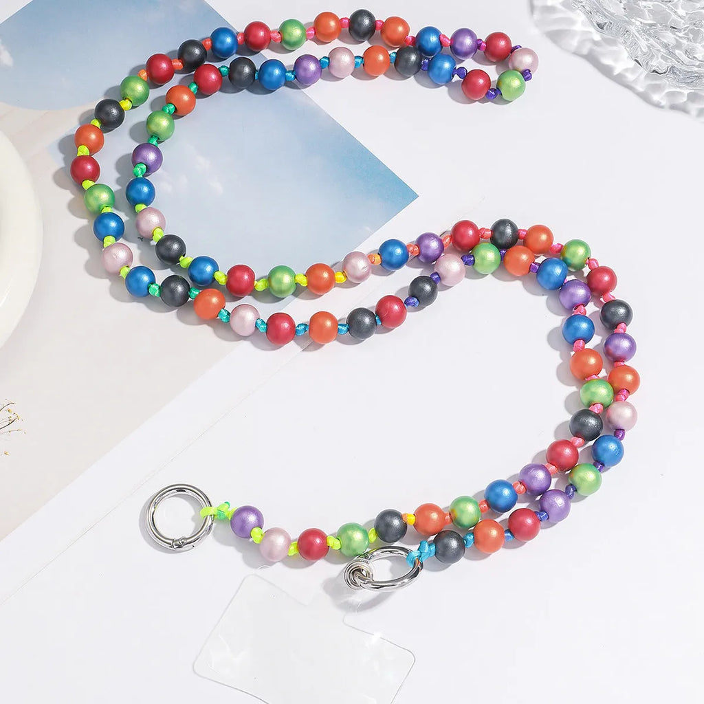 Wild color beaded mobile phone strap, stainless steel electroplated unisex chain, 81cm and above, geometric round design