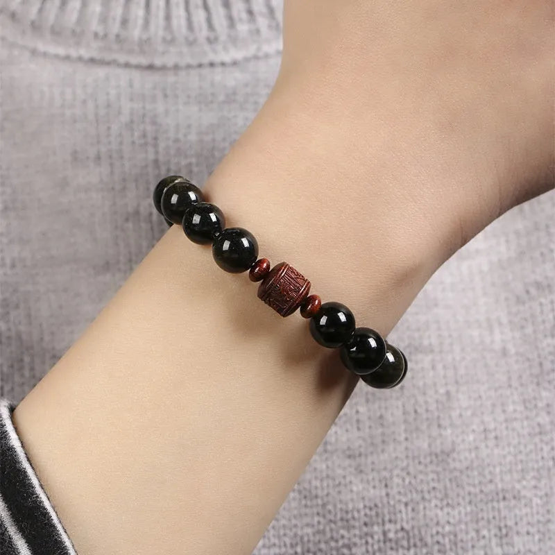 Hand-woven vintage bracelet with 10mm Golden Obsidian beads in national retro style