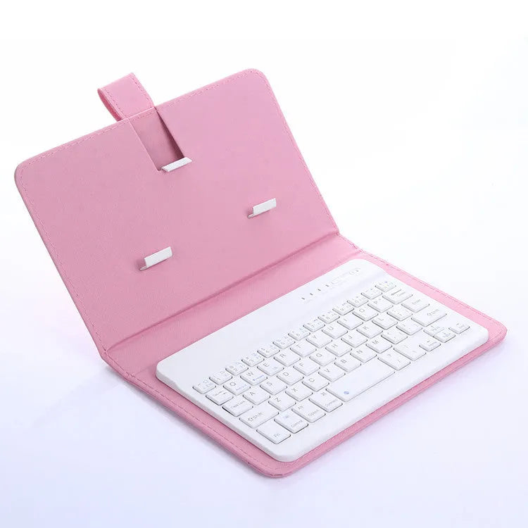Black Bluetooth keyboard inside a leather holster case for mobile phones, shown with phone stand function engaged.