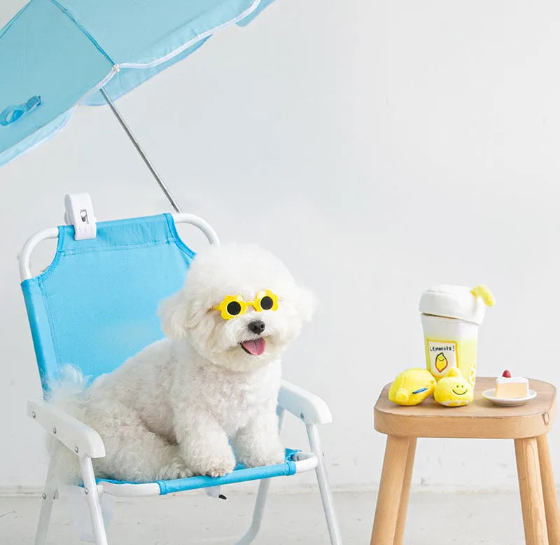 Yellow plush lemon tea cup pet toy with BB call and side snack pocket