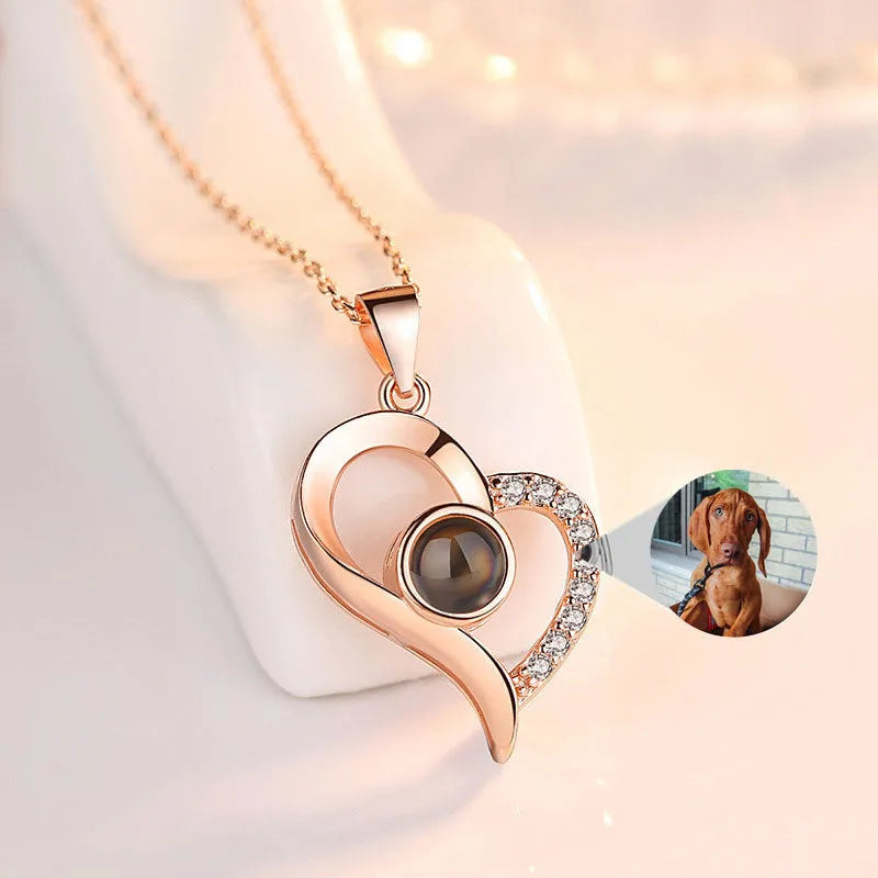 925 silver projection colour photo heart necklace with rose gold finish and chain, 20.5x16.3mm pendant