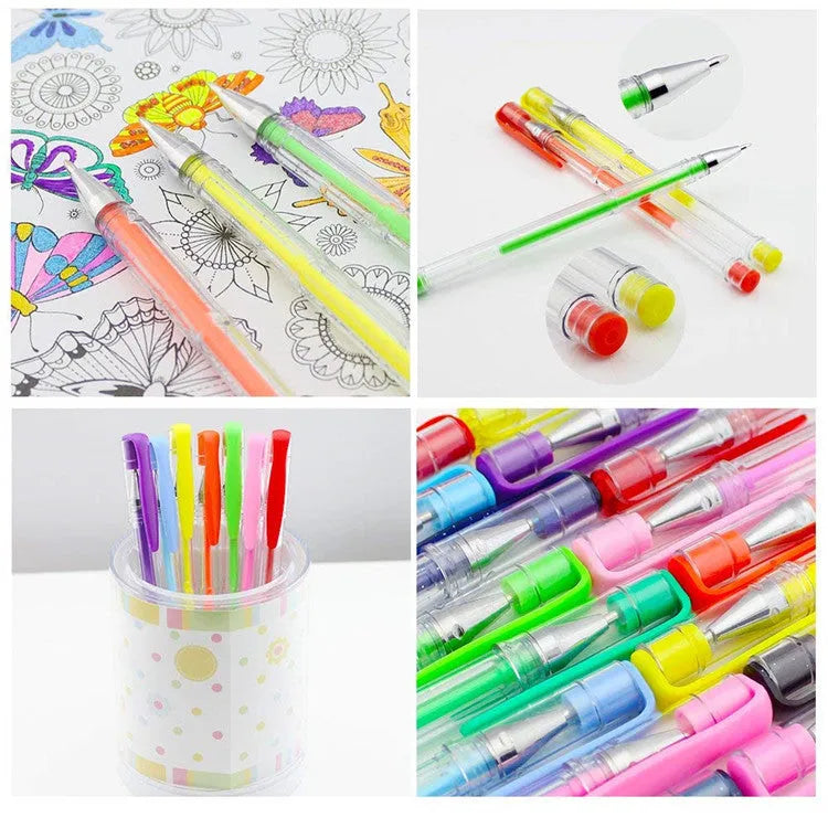 Set of 100 gel colouring pens with plastic barrels in various colours for office and stationery applications