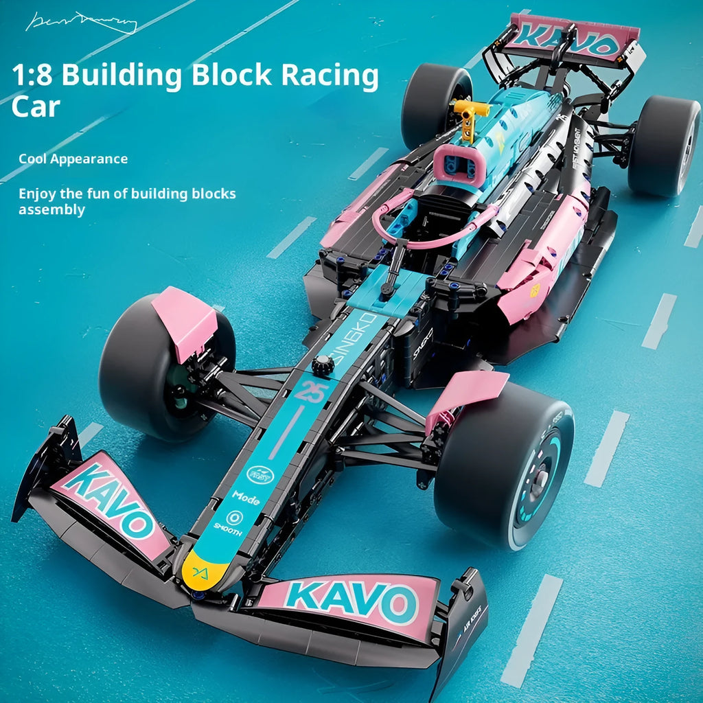 Mechanical F1 racing building blocks car in blue and pink with small plastic particles assembled on a surface