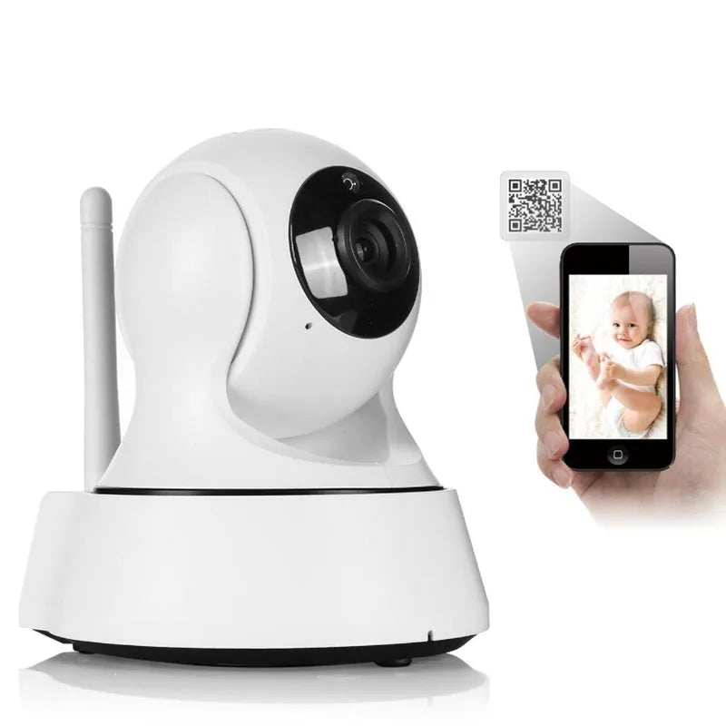 White 720P wireless network camera with pan/tilt, night vision, and built-in speaker for indoor security