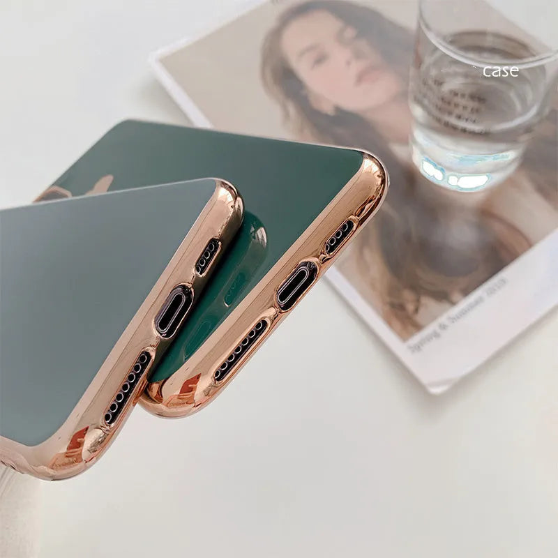Solid colour TPU phone case for iPhone shown in blue, claret, pink and green options.