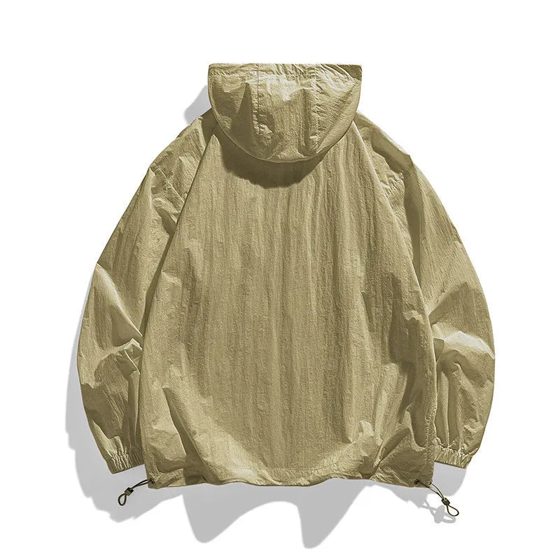 Light grey hooded sun protection jacket for men and women made from stretchy Lycra spandex fabric.