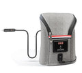 Grey Oxford cloth portable car USB baby bottle warmer with electronic display and car charger.