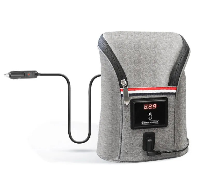 Grey Oxford cloth portable car USB baby bottle warmer with electronic display and car charger.