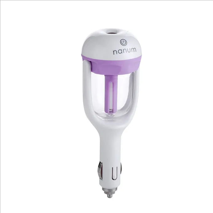 Portable car humidifier with essential oil diffuser function showing compact design for vehicle use