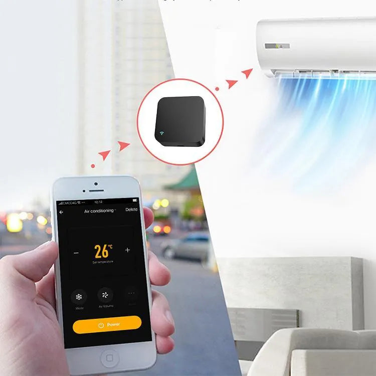 Black universal infrared remote control with voice command compatibility for air conditioning and TV appliances