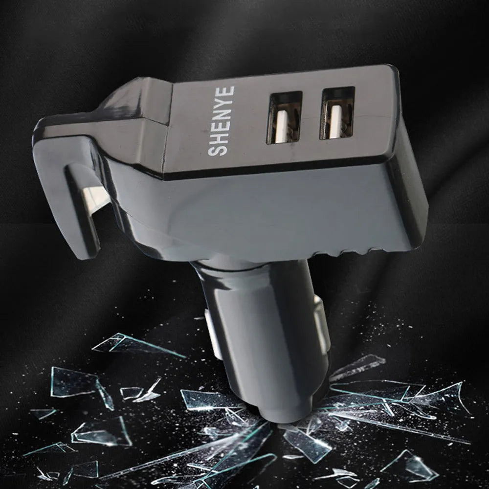 Car safety hammer with tungsten steel tip, seatbelt cutter, and fast charging port, black