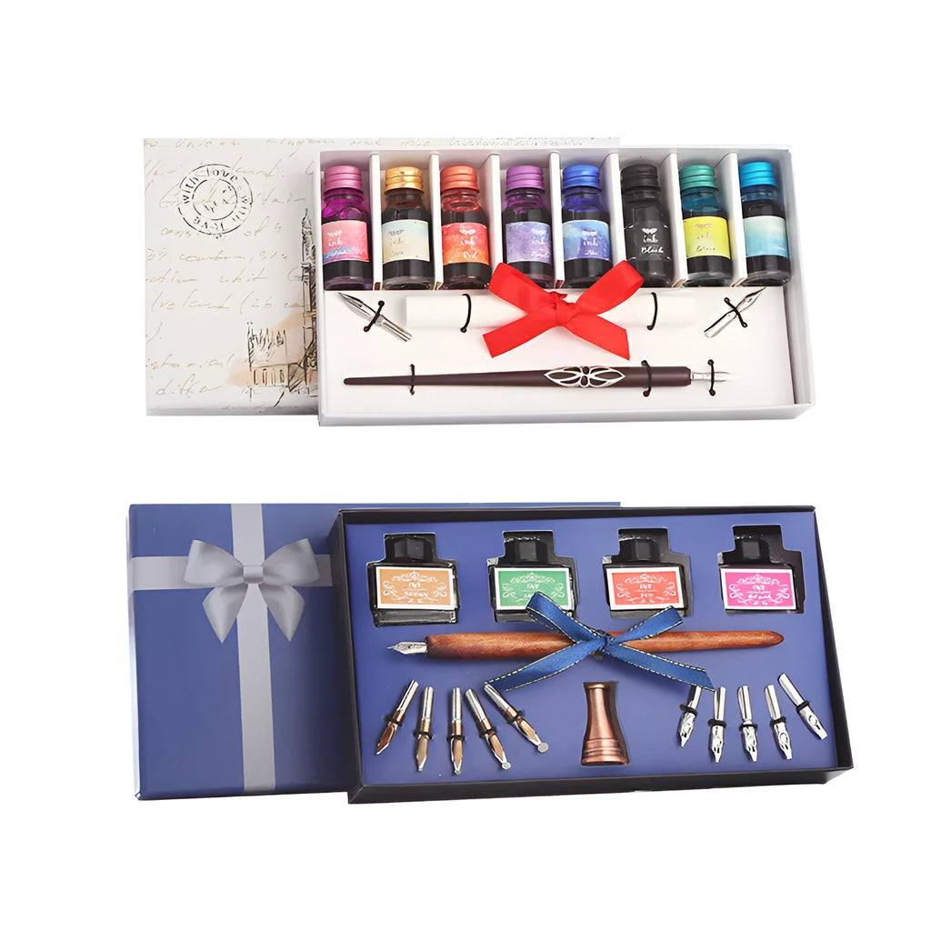 Wooden dip pen calligraphy set with ink bottles in presentation case