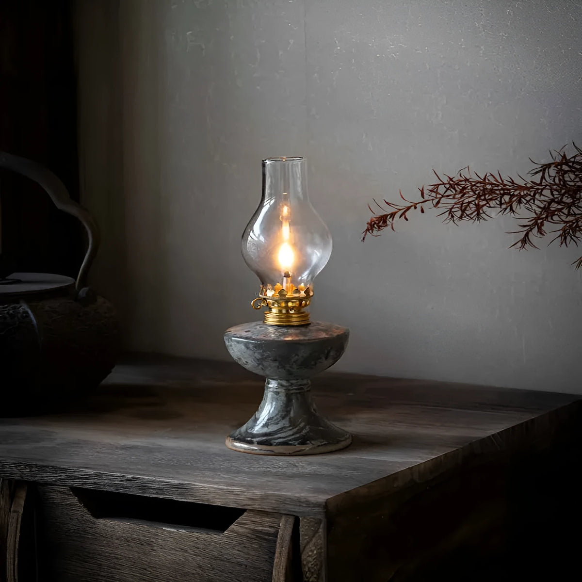 Handmade black Shino kerosene lamp ornament, 23.8cm high and 7.8cm wide, with underglaze finish and retro split design.
