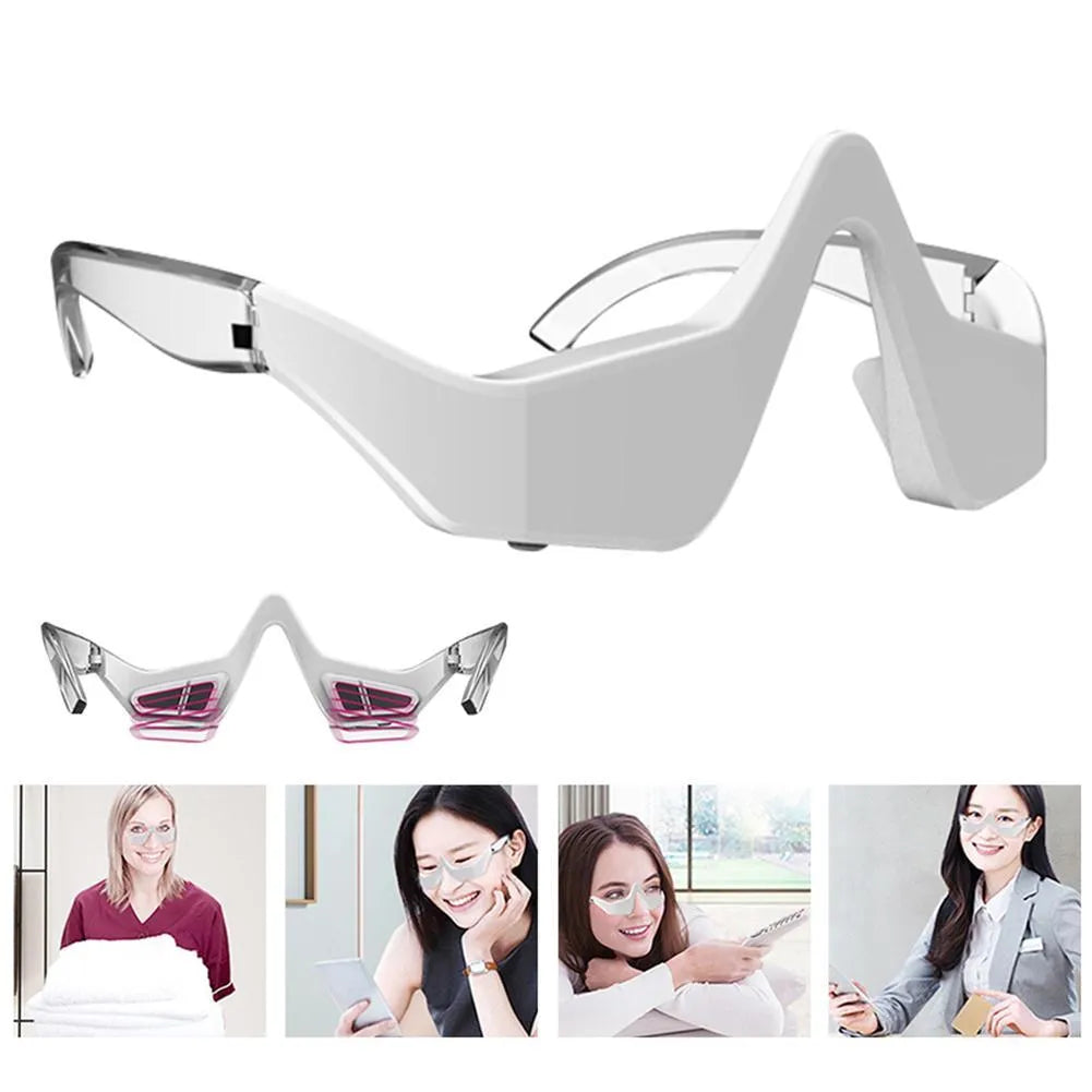 Pink and white 3D micro-current eye massager with glasses-style design on a stand.