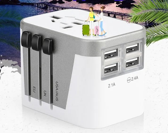 Universal travel adapter 8A 2000W in black, compact 54x68x51mm for over 180 countries