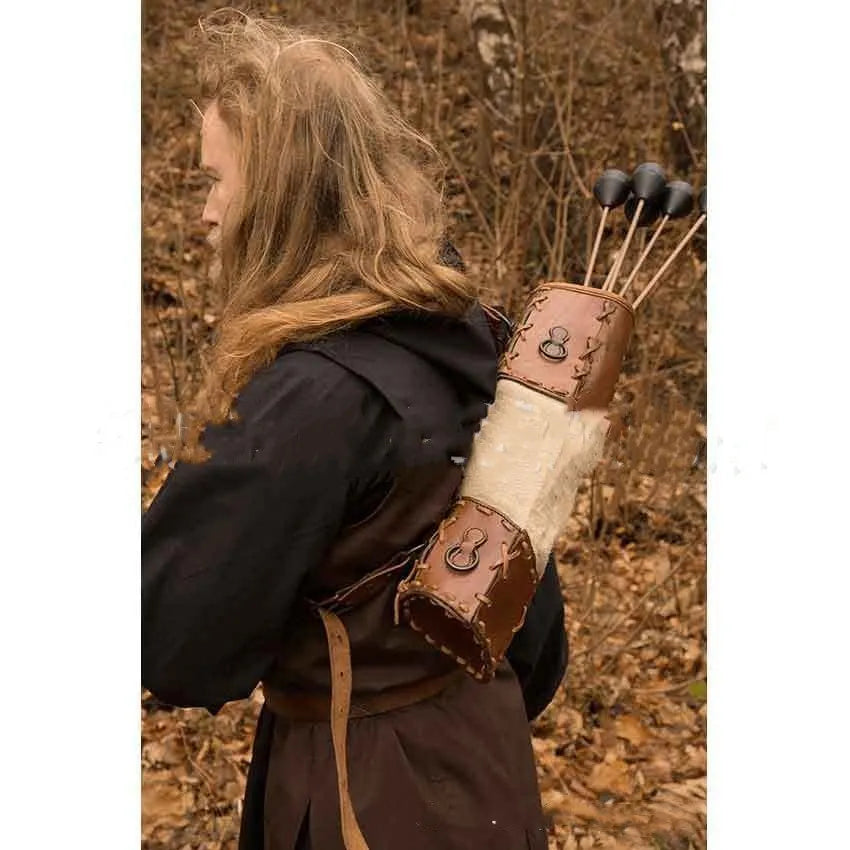 Warrior hand woven PU skin spliced quiver in brown with stitching pattern for adult archery