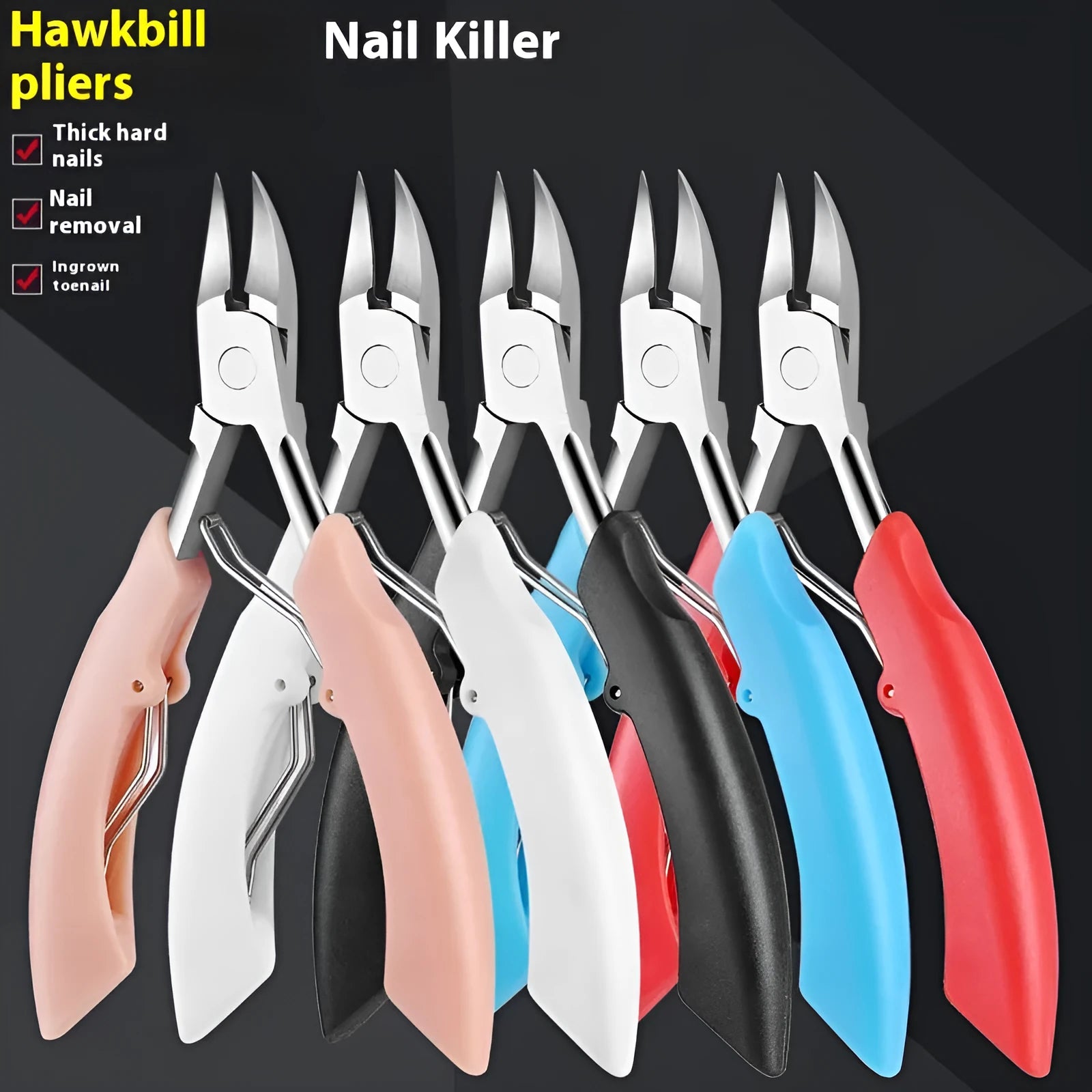 Bevel olecranon nail groove nail clippers in five colours: black, red, blue, pink, white.
