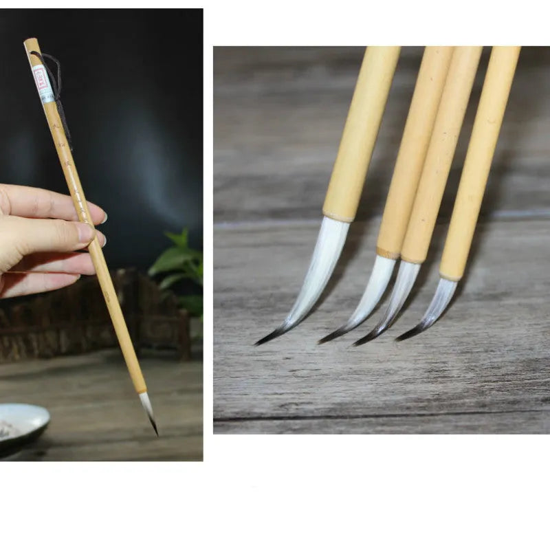Four Chinese calligraphy brushes with mixed wolf wool and goat hair bristles on gold lacquer wooden bodies