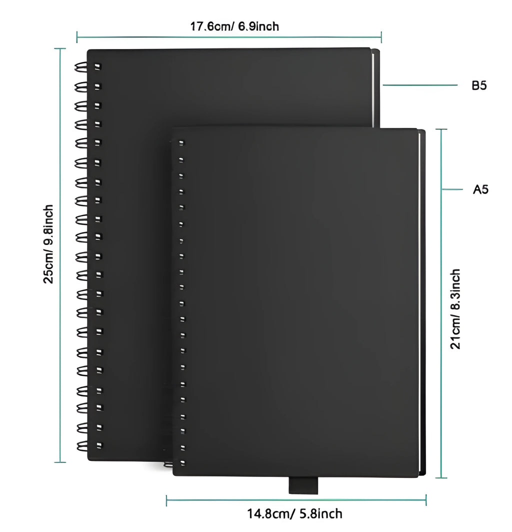 Rewritable paper notebook with black PP cover, spiral binding, and pen on a desk