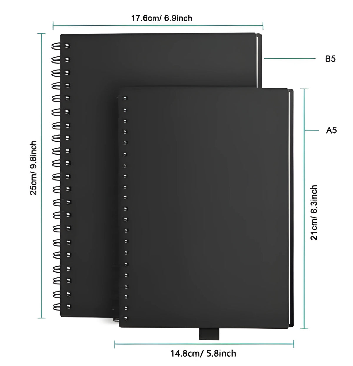 Rewritable paper notebook with black PP cover, spiral binding, and pen on a desk