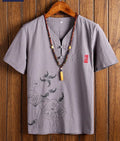 Printed cotton V-neck short sleeve t-shirt in apricot colour for summer casual wear