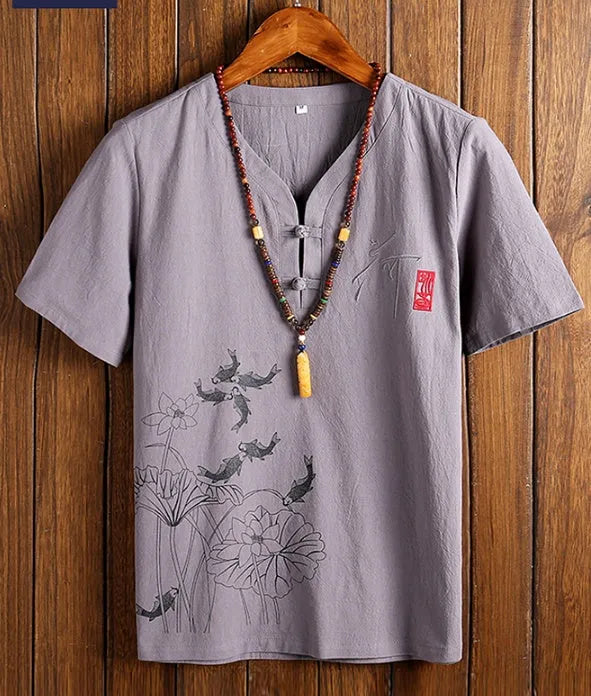 Printed cotton V-neck short sleeve t-shirt in apricot colour for summer casual wear