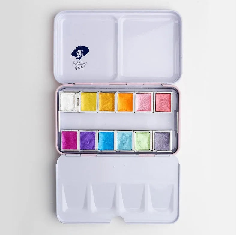 Pearl solid watercolour paint set showing metallic shimmer blocks in 12 or 24 colour options