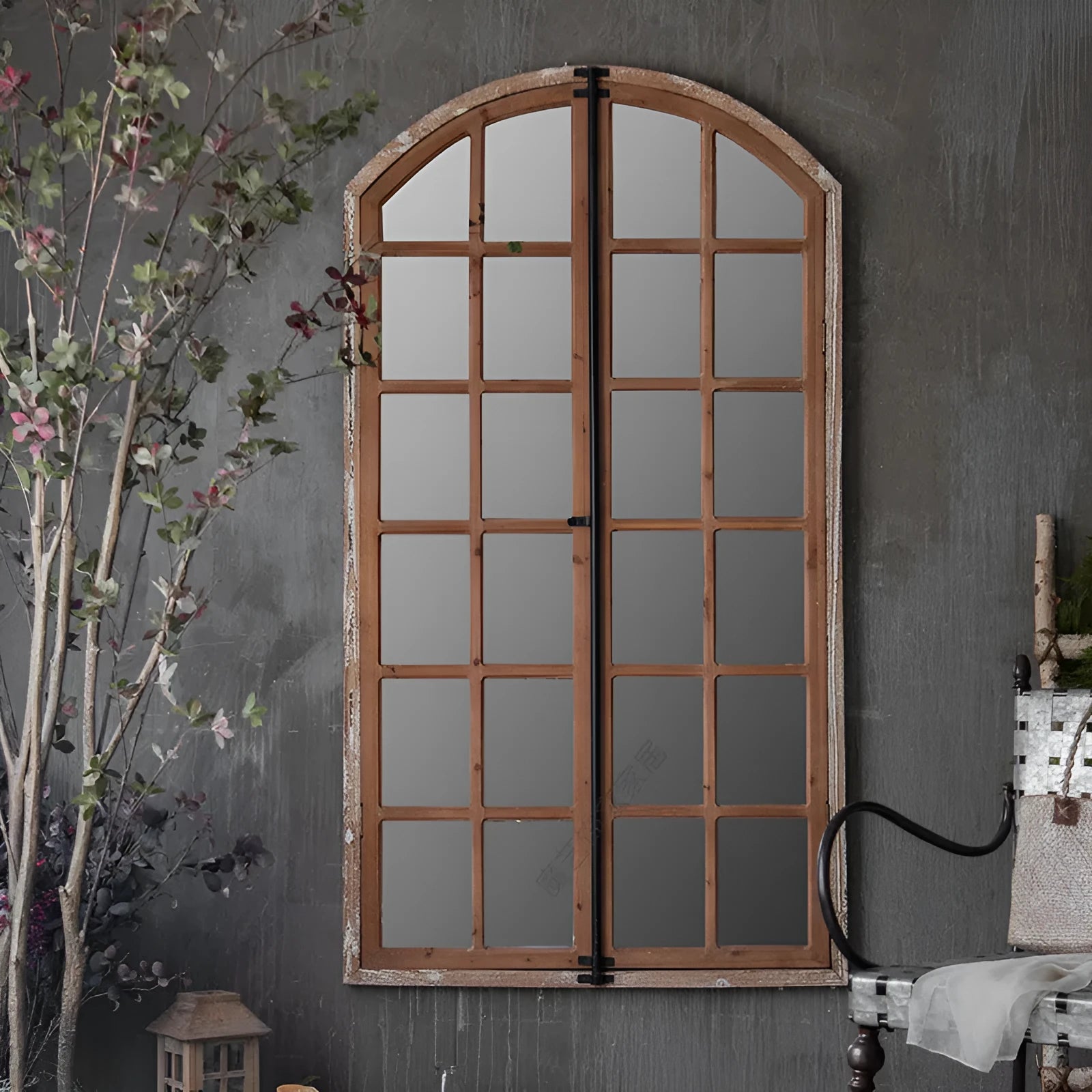 Log-coloured distressed wooden glass fake window wall mirror, A316 style.