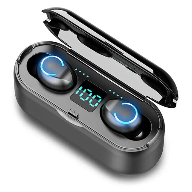 Binaural digital display Bluetooth headset in black with earplug-style fit and stereo sound