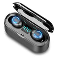 Binaural digital display Bluetooth headset in black with earplug-style fit and stereo sound