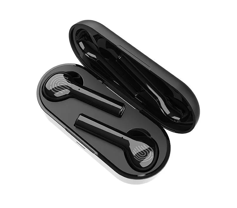Black and white Bluetooth wireless in-ear headphones with touch controls and charging case