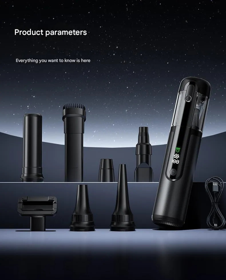 Black handheld car vacuum cleaner with green light dust detection on a car seat