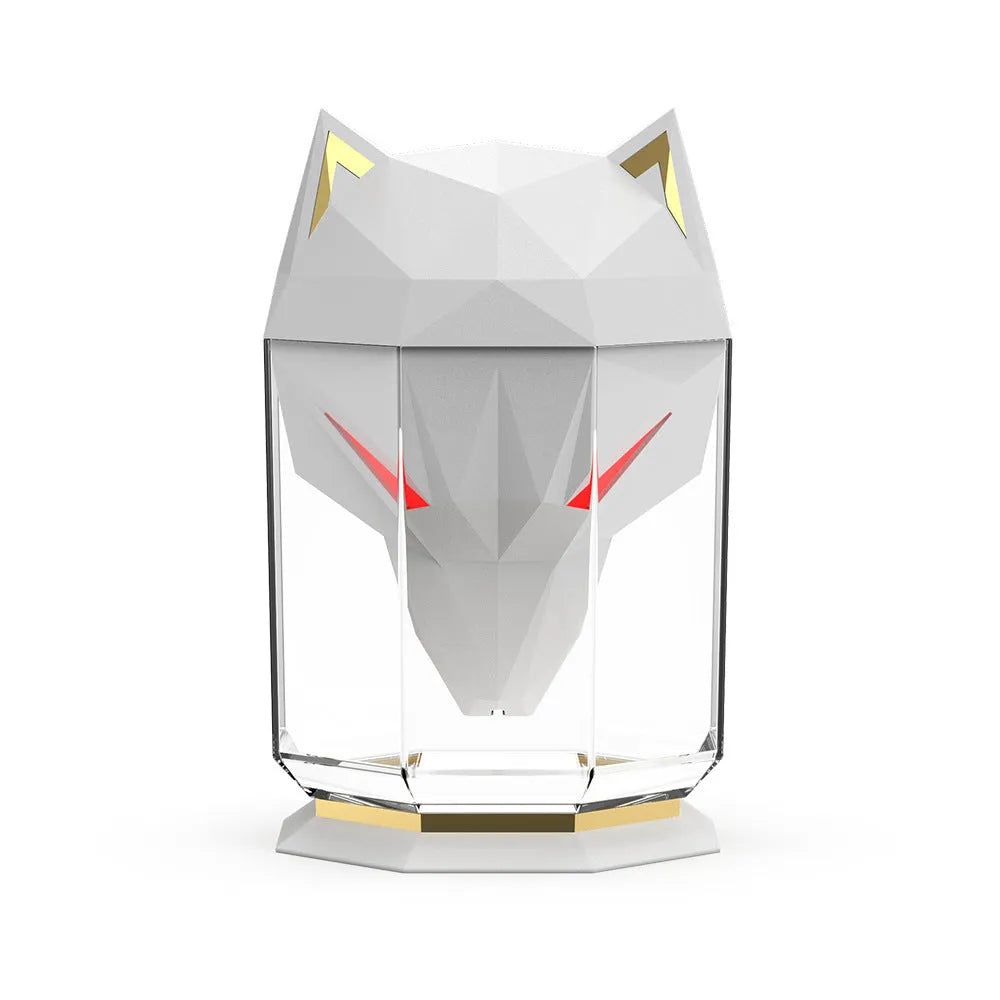 War Wolf black or white desktop ultrasonic humidifier with LED lights and USB cable.