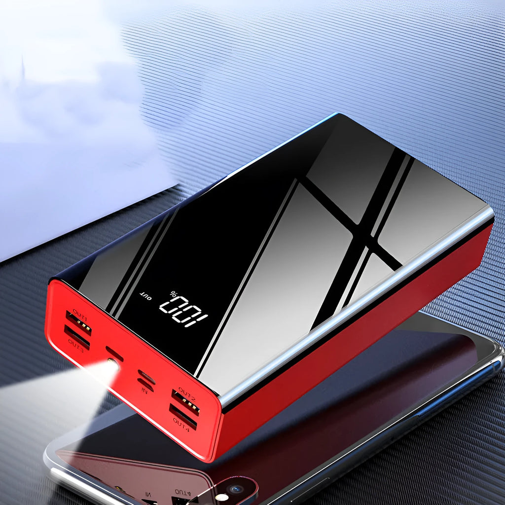 Large black 40000 mAh power bank showing LCD display screen