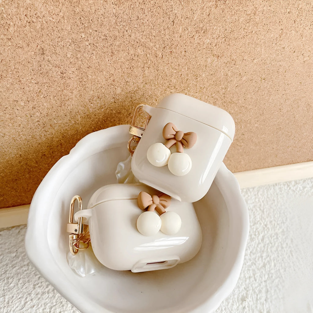 Pearl solid colour TPU earphone sleeve for AirPods with cherry apricot ribbon shell pendant