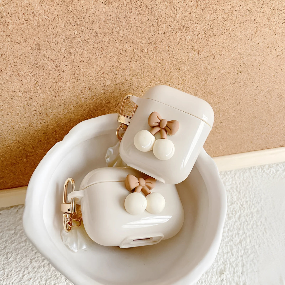 Pearl solid colour TPU earphone sleeve for AirPods with cherry apricot ribbon shell pendant