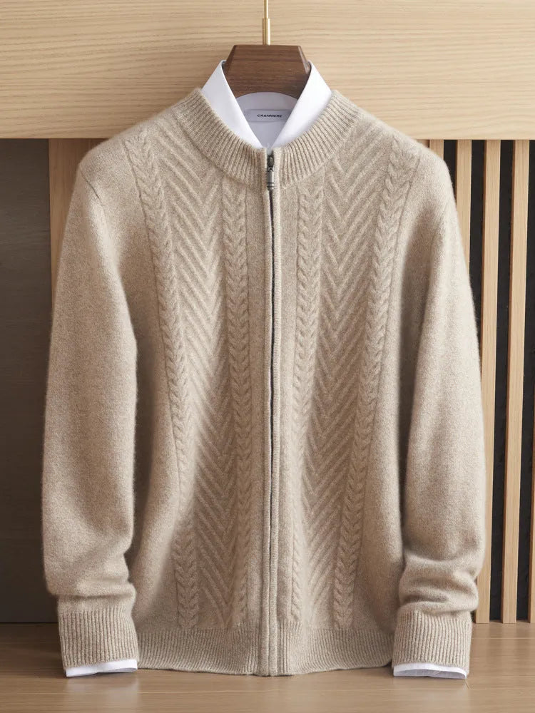 Pure cashmere thick twisted cardigan in dark blue for men, light luxury style