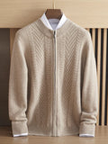 Pure cashmere thick twisted cardigan in dark blue for men, light luxury style