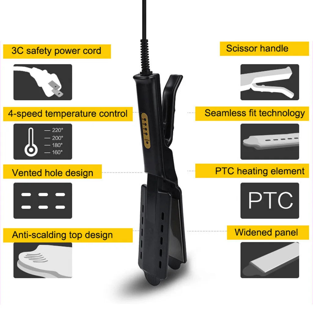 Black four-speed thermostat hair straightener with tourmaline ceramic plates, LCD control, and anti-scald groove design