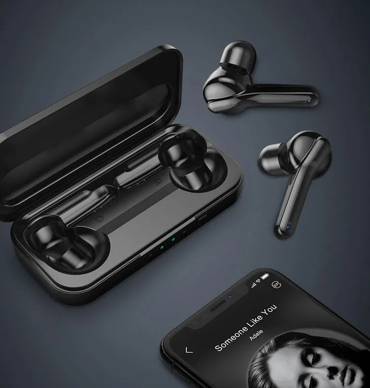 Black and white TWS wireless earbuds with Bluetooth 5.0 and IPX5 waterproof rating.