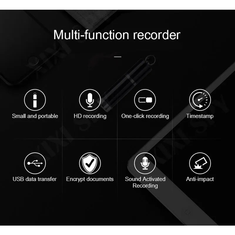 Black Amoi A1 digital voice recorder with metal shell on a surface, next to included headset.