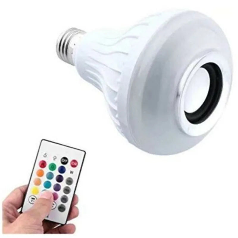 White E27 smart LED bulb with built-in Bluetooth speaker and remote control for colour-changing light.