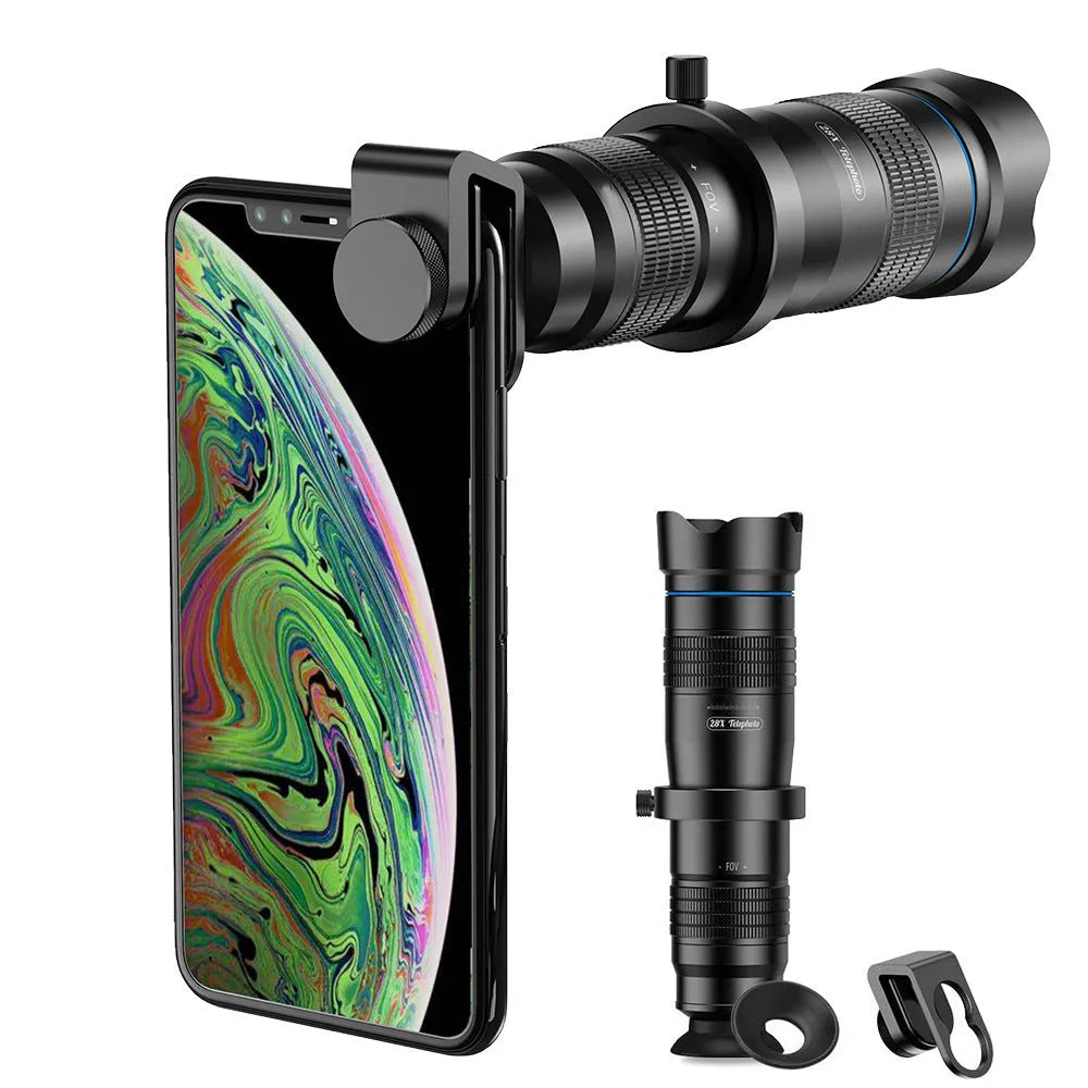 APEXEL 28 times telephoto lens black aluminium alloy with lens cap on table beside smartphone