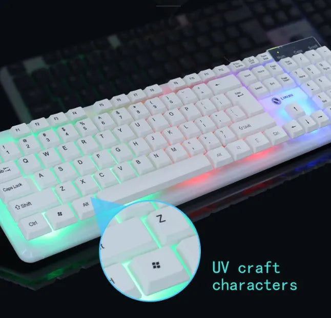 Black wired keyboard and mouse set with 104 keys floating keycaps and USB cables