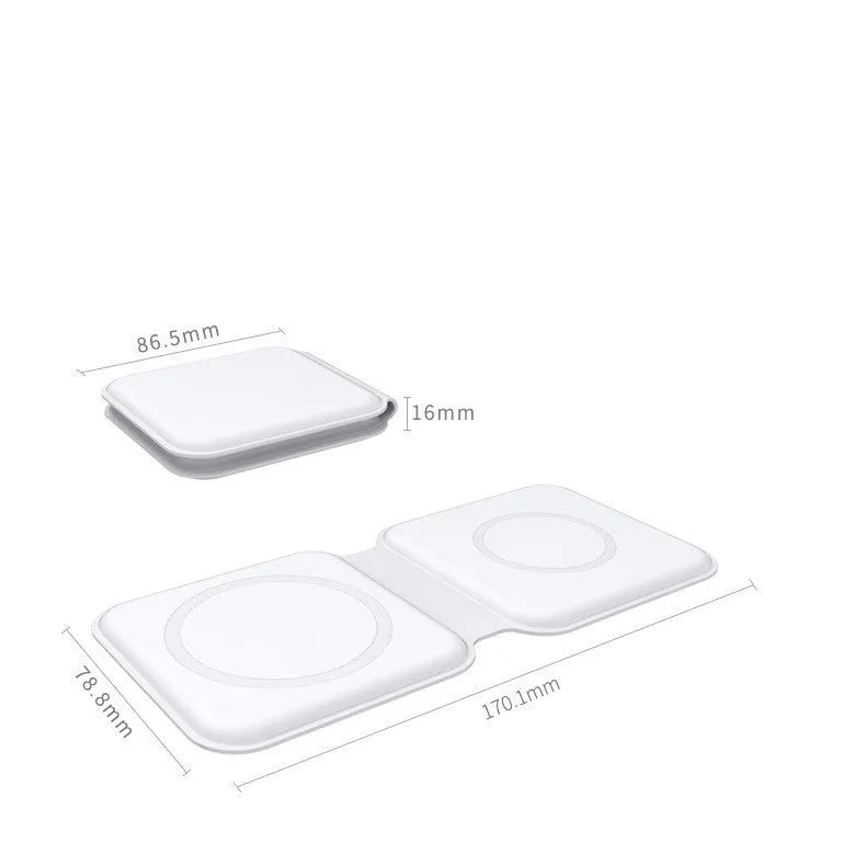 White foldable magnetic wireless charging dock showing two charging surfaces on a desk.