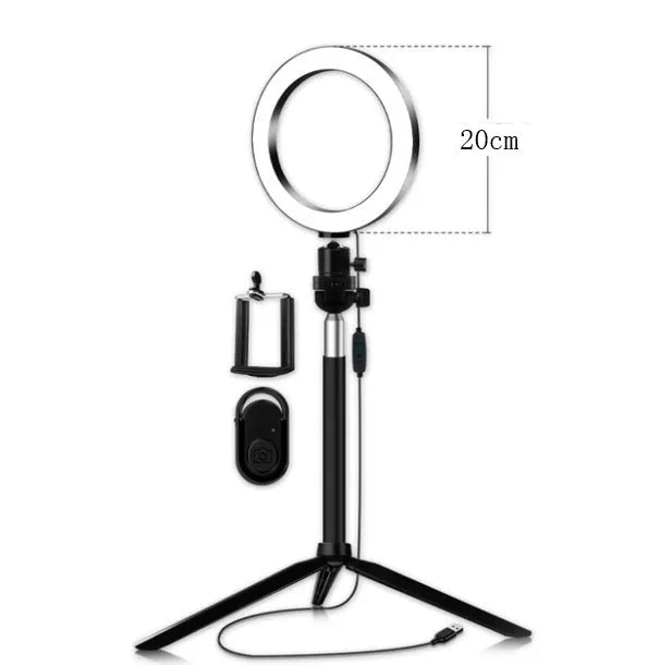 Self-Made Fill Light Artifact 5W LED ring light 20cm black with tripod and phone clip on desk
