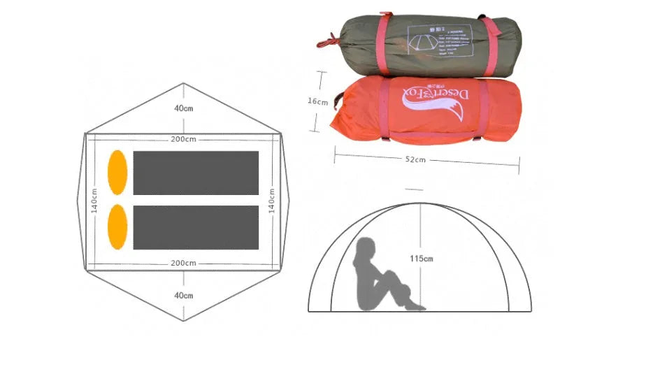 Double layer 2 person camping tent in grass green orange with 210T PU coated outer, 2100 Oxford cloth groundsheet and 8M glass fibre poles