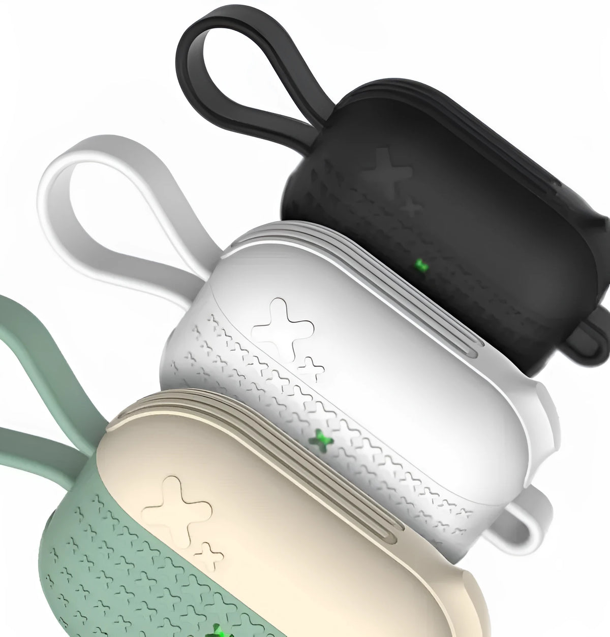 Silicone case for AirPods Pro in black, green, and white, compatible with Apple AirPods Pro charging case.